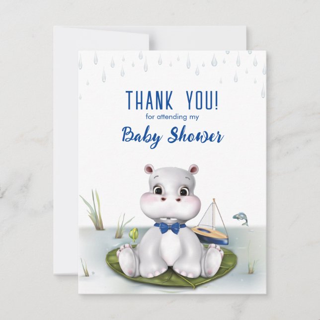 Carte De Correspondance Hippo Baby shower Merci de garçon (Devant)