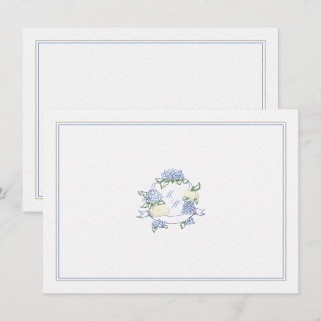 Carte De Correspondance Hydrangea Crest Dusty Blue Classic Mariage Couple (Devant / Derrière)