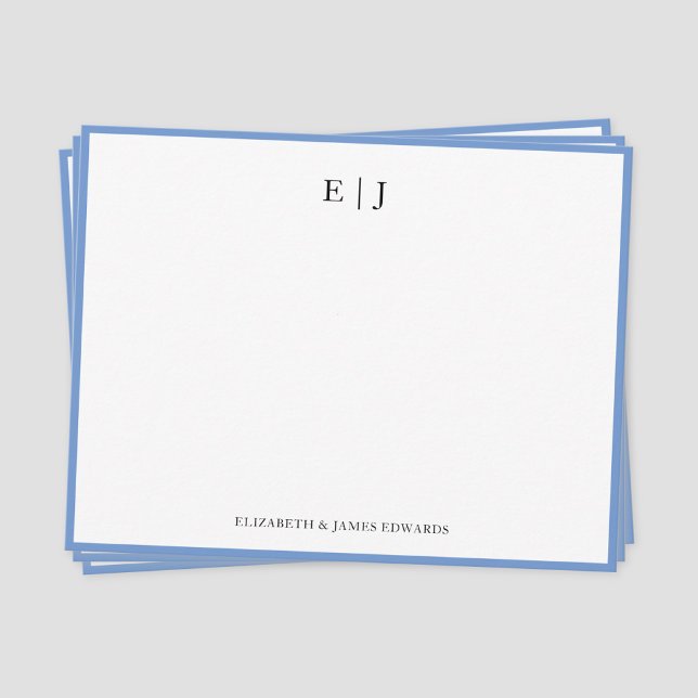 Carte De Correspondance Initiales en deux bordures bleues (Blue border simple couple monogram note card)