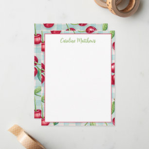 Carte De Correspondance Jolies Cerises sur Carreaux Gingham Aqua