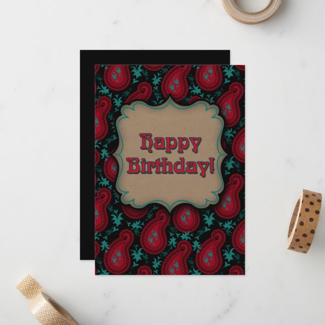 Carte De Correspondance Joyeux Anniversaire Bourgogne Rouge Paisley (Devant/Arrière en situation)