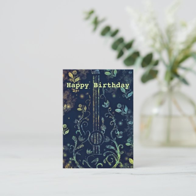 Carte De Correspondance Joyeux Anniversaire - Guitare aux Fleurs Romantiqu (Debout devant)