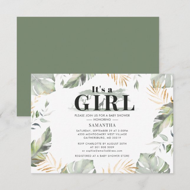 Carte De Correspondance Jungle Safari fille Baby shower Giraffe (Devant / Derrière)