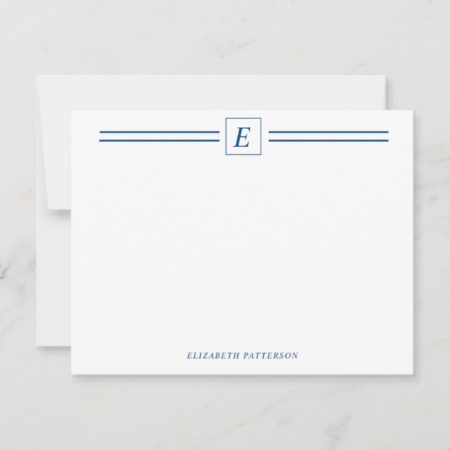 Carte De Correspondance Ligne double Monogramme bleu marine chic (Devant)
