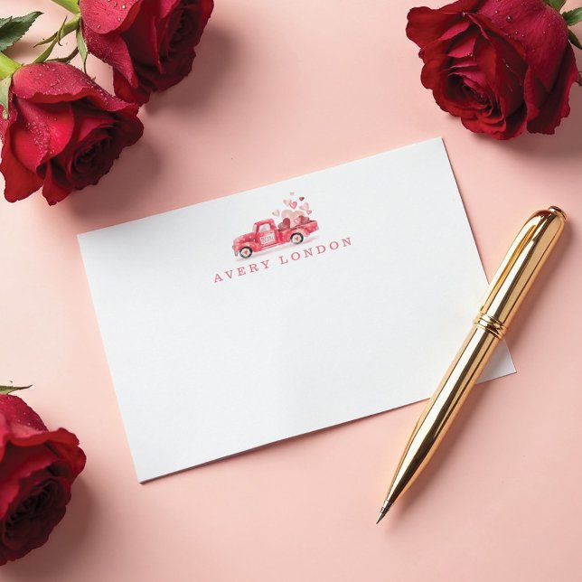 Carte De Correspondance Livraison spéciale de Valentine Camion d'aquarelle (Valentine's Special Delivery Red Watercolor Truck Note Card)