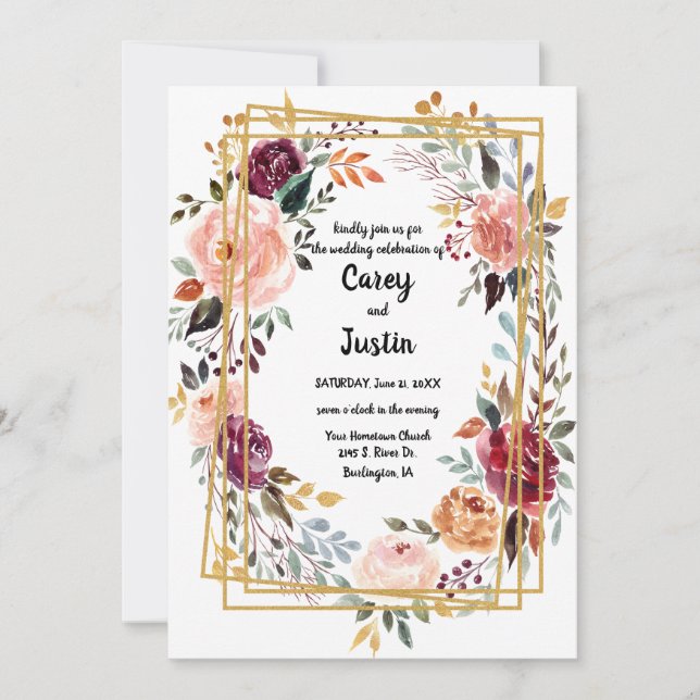 Carte De Correspondance Mariage Floral Gold Cadre géométrique (Devant)
