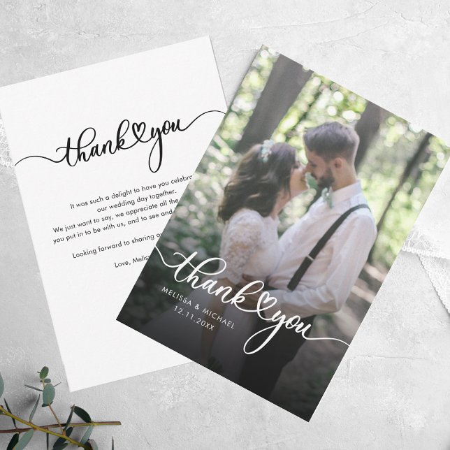 Carte De Correspondance Mariage photo manuscrite moderne Merci (Modern Handwritten Photo Wedding Thank You Note Card)
