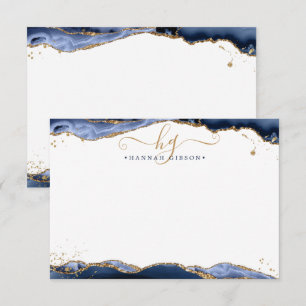Carte De Correspondance Marine Blue Agate Monogramme Fancy Script Gold Par