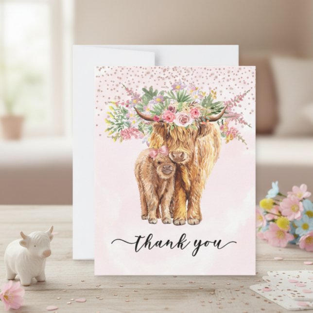 Carte De Correspondance Merci Baby shower Highland Cow Rose (Créateur téléchargé)
