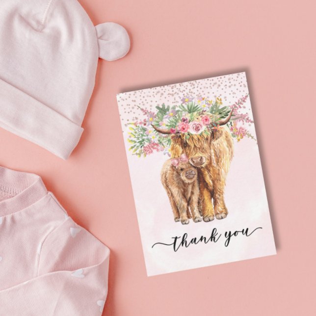 Carte De Correspondance Merci Baby shower Highland Cow Rose (Créateur téléchargé)
