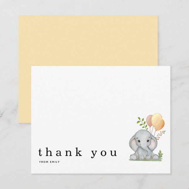 Carte De Correspondance Merci Cute Éléphant Jaune Genre Neutre (Devant / Derrière)