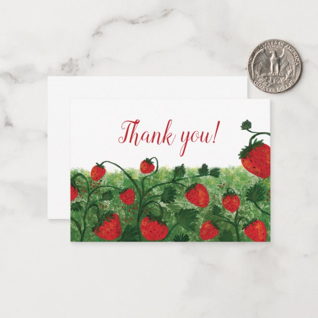 Carte De Correspondance Merci d'aquarelle fraise (Devant/Arrière en situation)