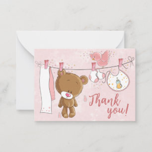 Carte De Correspondance Merci de Baby shower de l'ours en peluche rose