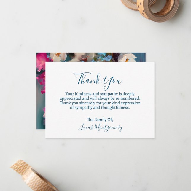 Carte De Correspondance Merci funéraire floral turquoise, Sympathie (Devant/Arrière en situation)