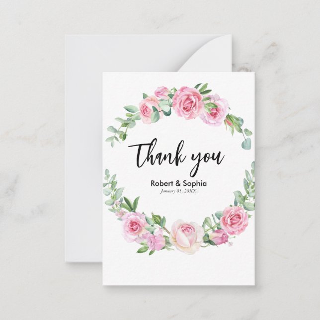 Carte De Correspondance Merci Mariage à fleurs roses (Devant)