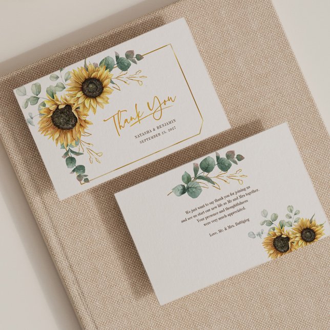 Carte De Correspondance Merci Mariage Budget Sunflower Eucalyptus  (Créateur téléchargé)