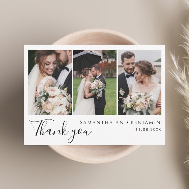 Carte De Correspondance Moderne 3 Photos Mariage Merci (Modern 3 Photos Wedding Thank You Note Card)