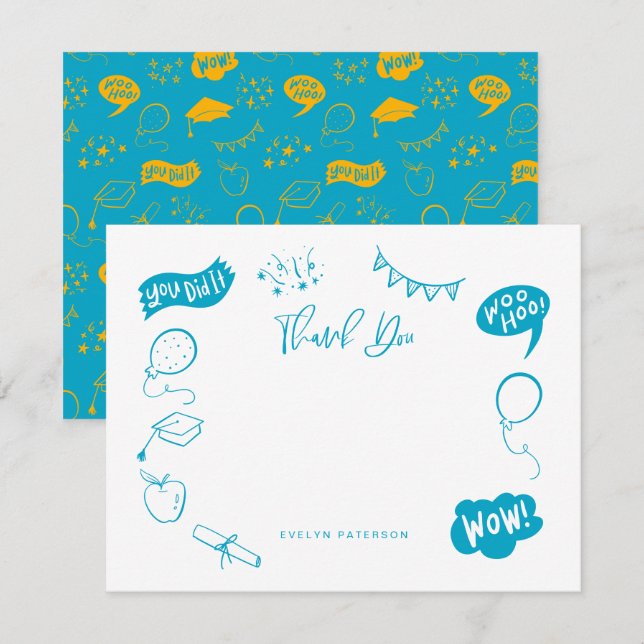 Carte De Correspondance Moderne Graduation Doodle Bleu Jaune Merci (Devant / Derrière)
