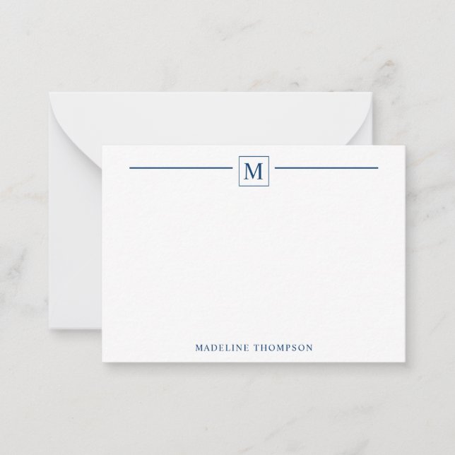 Carte De Correspondance Moderne minimaliste Marine Blue Monogram Line Carr (Devant)