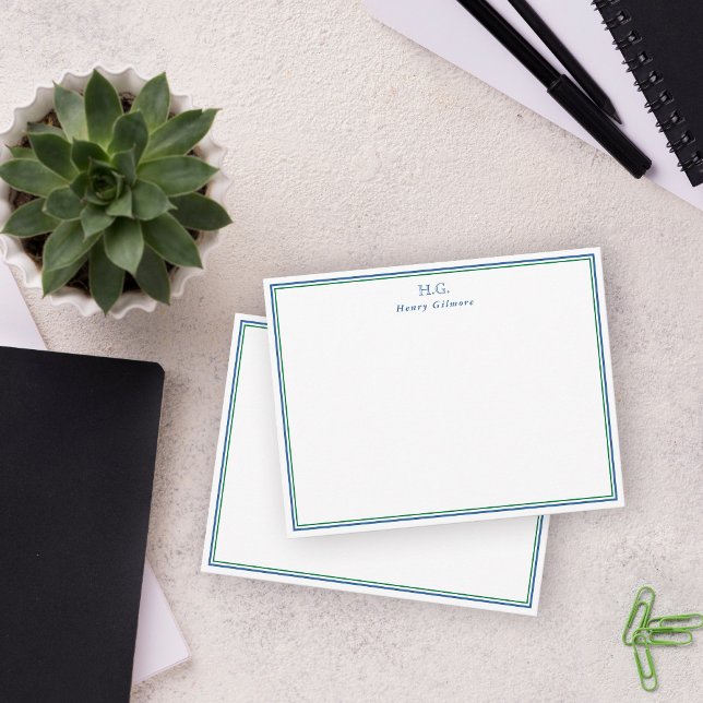 Carte De Correspondance Monogramme bleu de la marine verte (Créateur téléchargé)