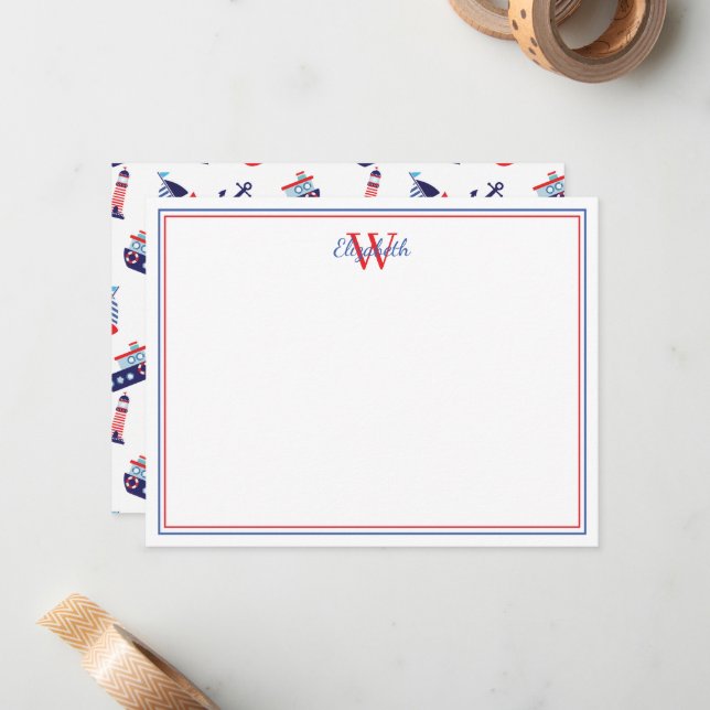 Carte De Correspondance Monogramme de bateaux à voile nautiques Preppy (Devant/Arrière en situation)