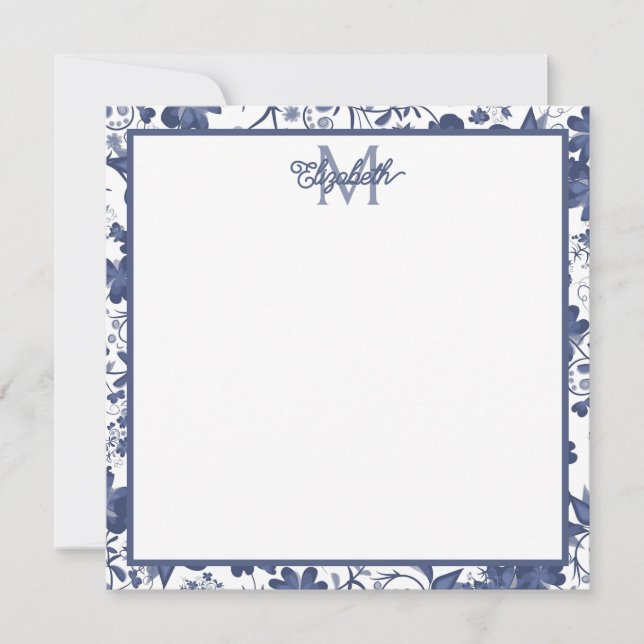 Carte De Correspondance Monogramme floral bleu et gris (Devant)