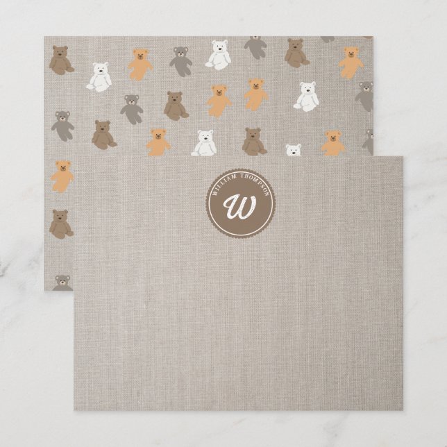 Carte De Correspondance Monogramme Initial Motif Ours Mignon (Devant / Derrière)