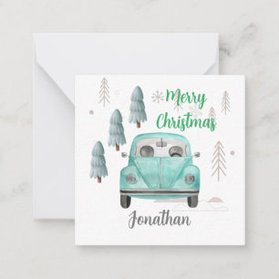 Carte De Correspondance Monogramme joli arbres de Noël et bleu voiture