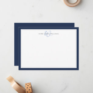Carte De Correspondance Monogramme minimaliste à deux bordures bleu marine