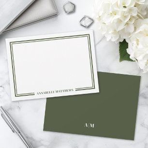 Carte De Correspondance Monogramme minimaliste à deux bordures vert olive