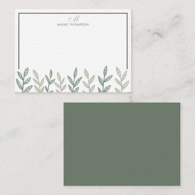 Carte De Correspondance Monogramme minimaliste de Feuille vert Sage (Devant / Derrière)