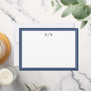 Carte De Correspondance Monogramme minimaliste de la frontière bleue de la