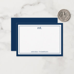 Carte De Correspondance Monogramme moderne à double bordure bleu marine mi