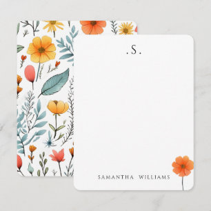 Carte De Correspondance Monogramme & Nom Floral Aquarelle Botanique
