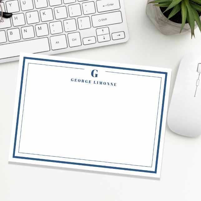 Carte De Correspondance Monogramme Personnalisé Marine Bleu Frontière Stat (Créateur téléchargé)