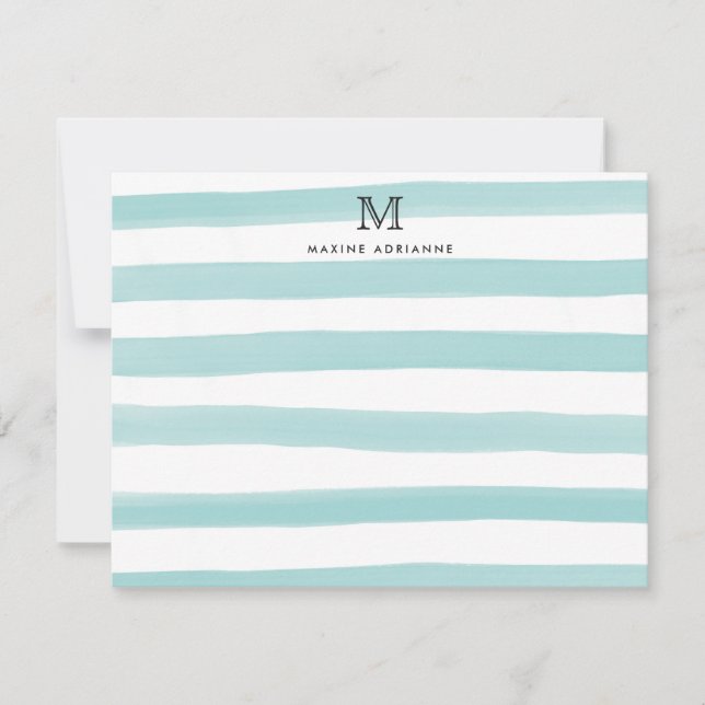 Carte De Correspondance Monogramme Rayures Vert Sarcelle Aquarelle Moderne (Devant)