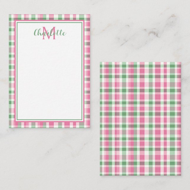 Carte De Correspondance Monogramme rose et vert preppy (Devant / Derrière)