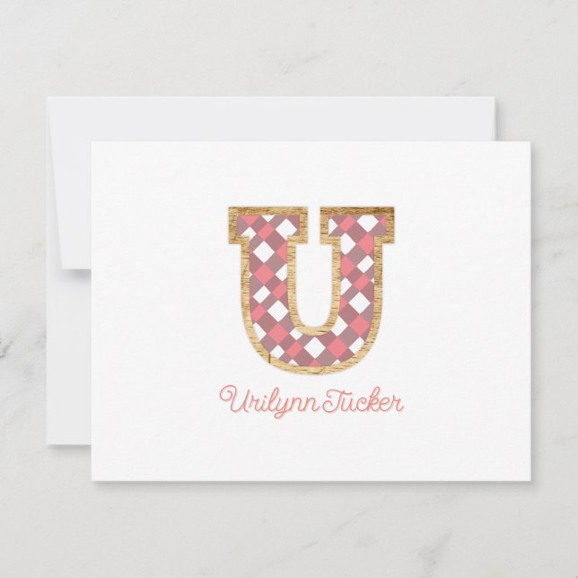 Carte De Correspondance Monogramme rustique Preppy "U" Rose En vichy Wood  (Devant)