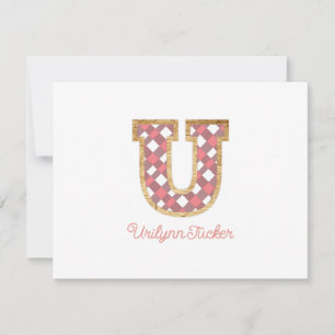 Carte De Correspondance Monogramme rustique Preppy "U" Rose En vichy Wood 