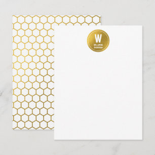Carte De Correspondance Motif Hexagon Blanc & Or Monogramme initial