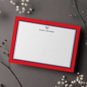 Carte De Correspondance NAVY & RED Cadre Double Monogramme Classique