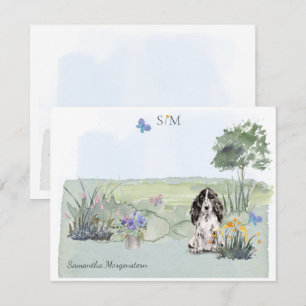 Carte De Correspondance Noir Cocker Spaniel Chien Monogramme et nom  