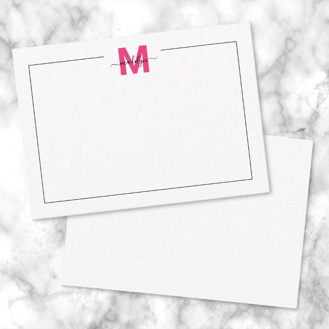 Carte De Correspondance Nom de script monogrammé Black Pink (Black Pink Script Name Monogram Note Card )