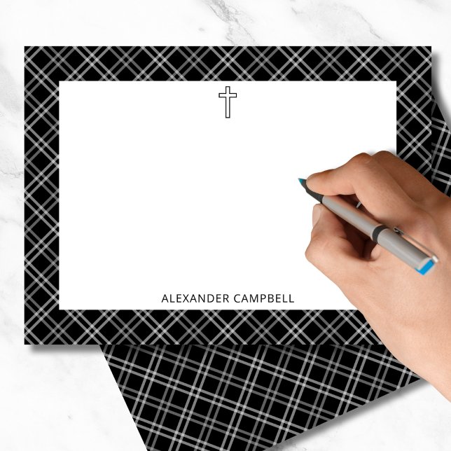 Carte De Correspondance Nom personnalisé Black Plaid Christian Cross (Créateur téléchargé)