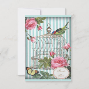 Carte De Correspondance Oiseau vintage, Cage, Papillon et Merci Rose