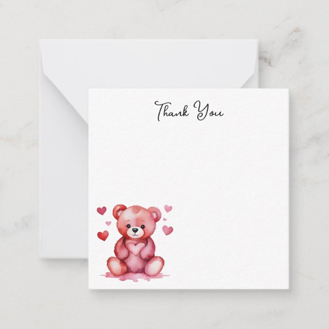 Carte De Correspondance Ours Aquarelle mignon, Merci Coeur rose (Devant)