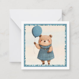 Carte De Correspondance Ours fille avec robe à carreaux bleus et ballon