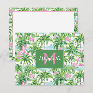 Carte De Correspondance Palmiers tropicaux rose et vert de Preppy Monogram