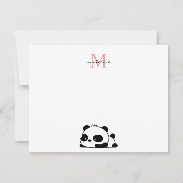 Carte De Correspondance Panda couché drôle écriture rose monogramme (Devant)