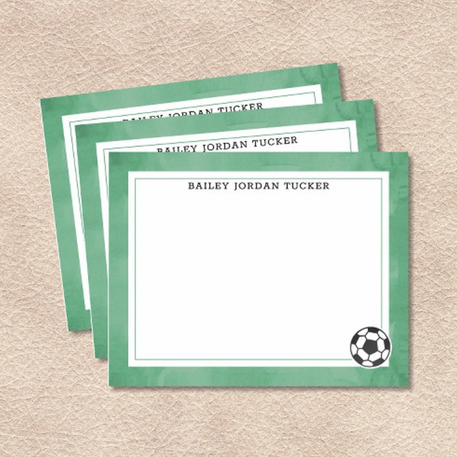 Carte De Correspondance Papeterie Aquarelle Balle de Football Verte (Soccer Ball with Name Flat Note Cards)